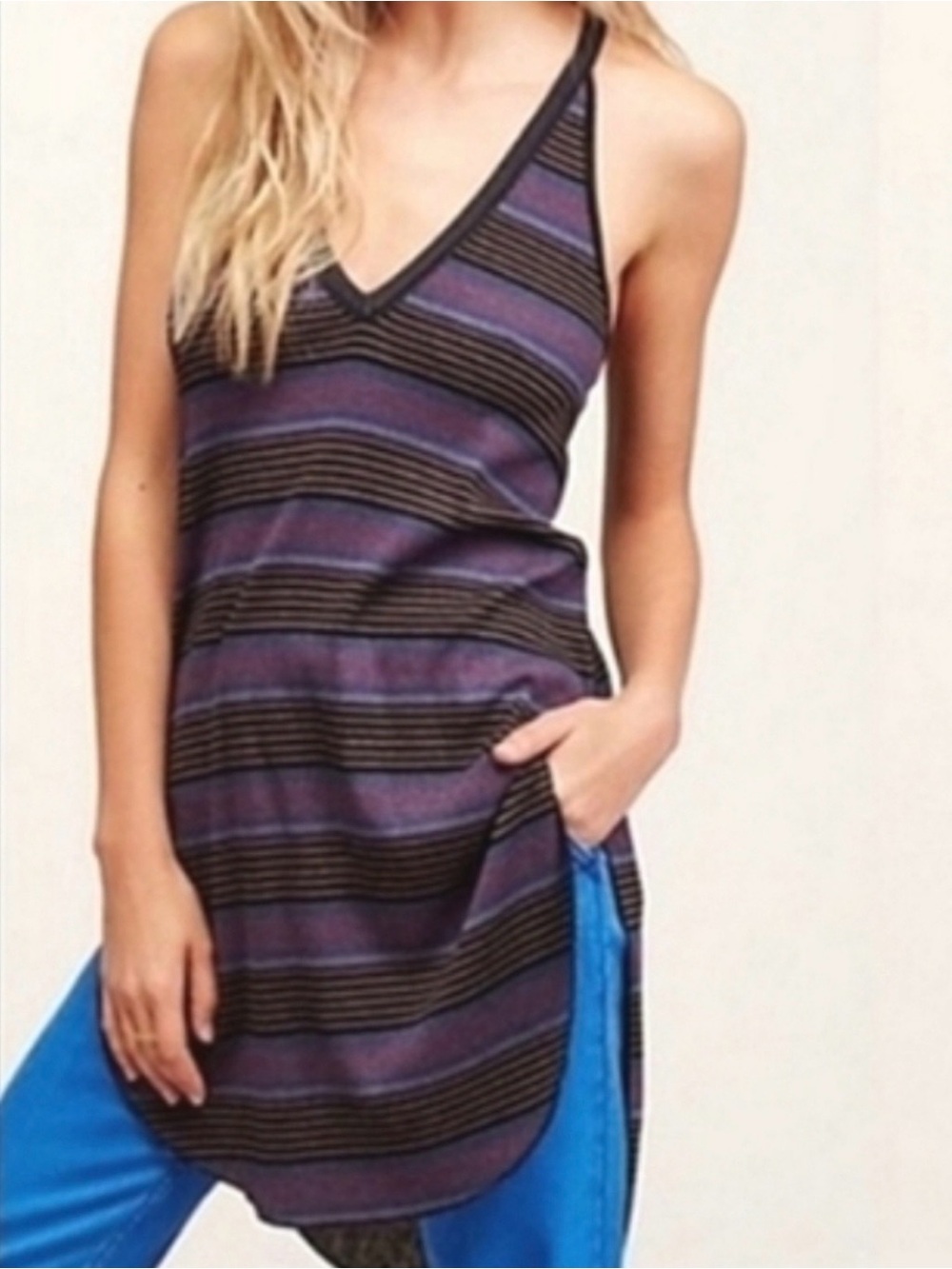 We the Free Striped V-Neck Tunic Tank - Purple & Black